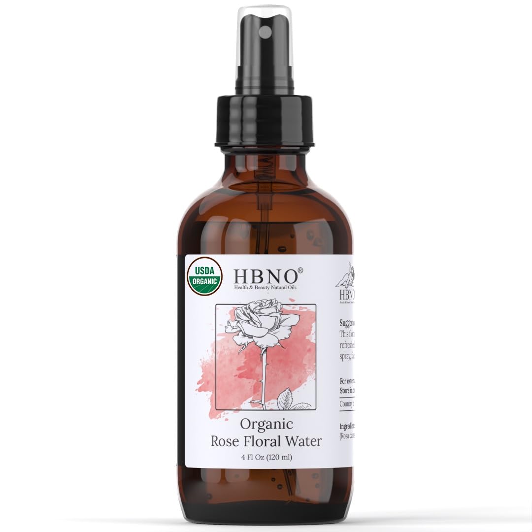 Hbno Organic Rose Water Spray For Face & Hair - 4 Fl Oz, Usda Certified Cleansing Mist