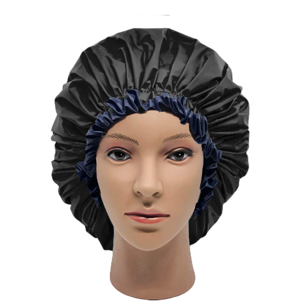 Elebox Jumbo Shower Cap Xl - Double-Layer Satin Waterproof Bonnet For Braids, Black