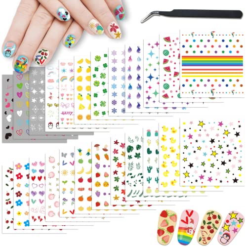 Basifa 24 Sheets Nail Art Stickers - Bunny, Penguin, Flower, Heart, Rainbow, Fruit Designs