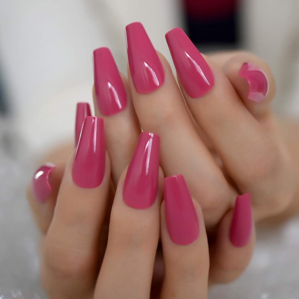 Coolnail 24pcs Dark Rose Pink Coffin Press On Nails - Glossy Acrylic Full Cover with Glue Stickers