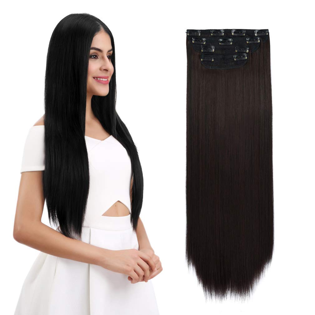 Reecho 4 Pcs Clip-In Hair Extensions, Long Straight Synthetic, Dark Brown, 20&quot; 22&quot; 24&quot;, 260