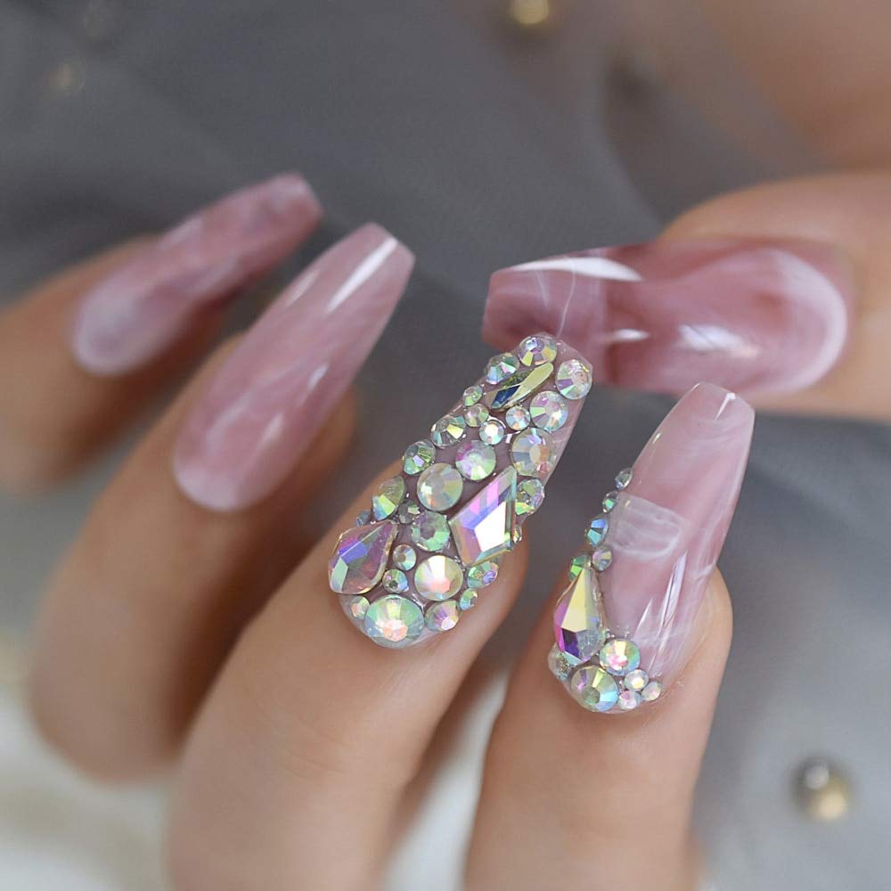 CoolNail 26 Piece Bling 3D Marble Pink Extra Long Press on Coffin Nails for Party Wear