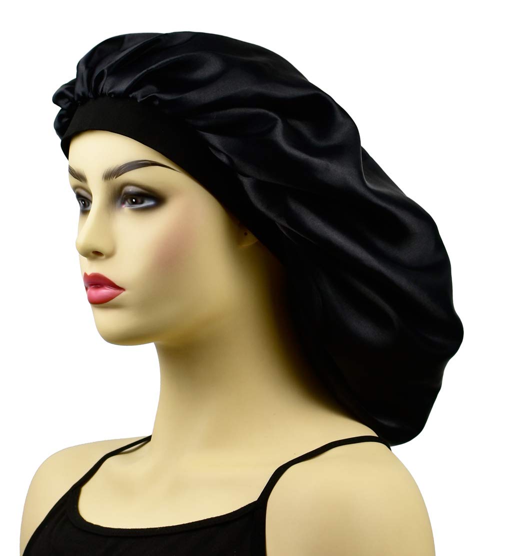 Cocosilk Xl Black Satin Bonnet For Long Hair, Silk Sleeping Cap For Women, Night Sleep Hat