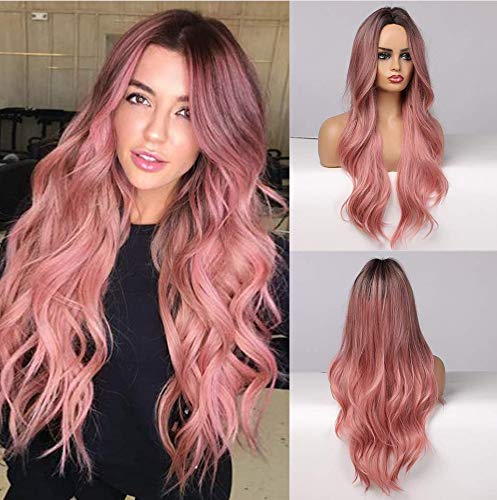 Piaou Ombre Black To Pink Wig - 24&quot; Synthetic Heat Resistant Natural Wave Cosplay Hair