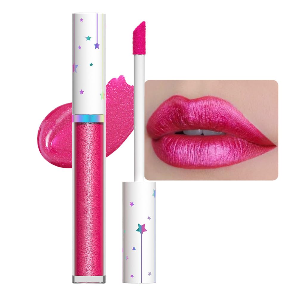 Evpct Rose Pink Metallic Shimmer Lip Gloss - Long Lasting, Waterproof, Sparkly Liquid Lipstick 01#