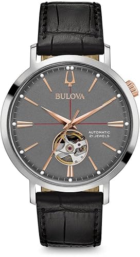 Bulova Men'S Aerojet Automatic Leather Watch, 40-Hour Power Reserve, 41Mm, Black/Grey Dial