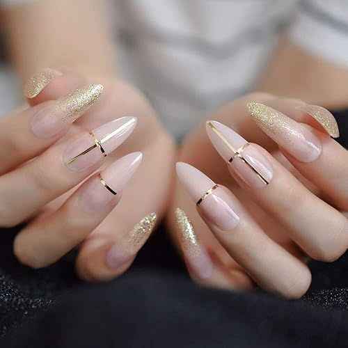 Coolnail Beige Nude Glitter French Stiletto Press on Nails - Extra Long Sharp UV Gel 1 Count