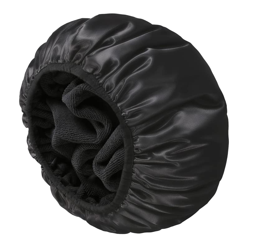 Yizijizi Waterproof Terry Lined Shower Cap - Large Reusable Cap For Long Thick Hair, Black