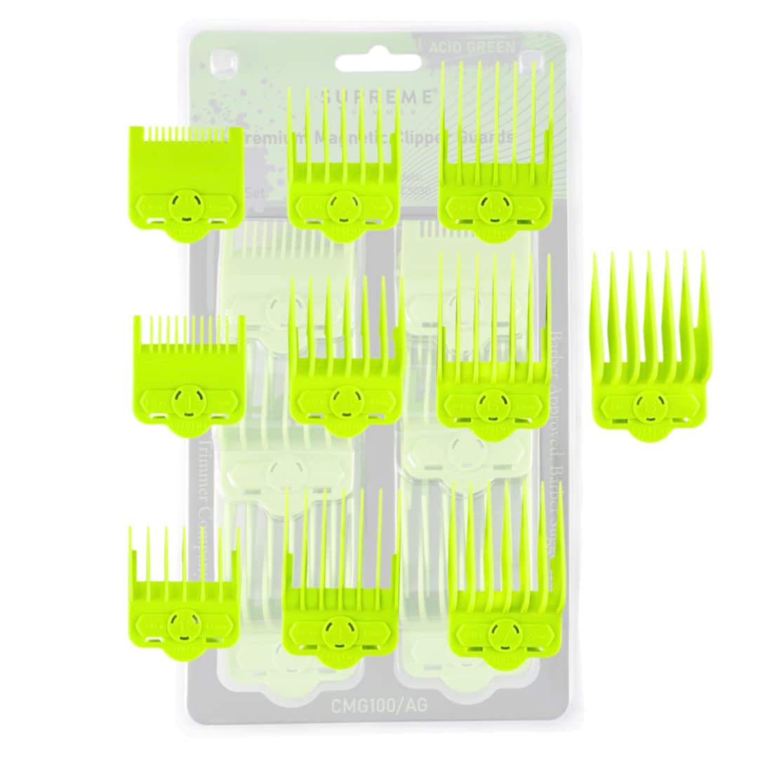 Supreme Trimmer Magnetic Guide Combs For Clippers - 10 Cutting Lengths, Acid Green