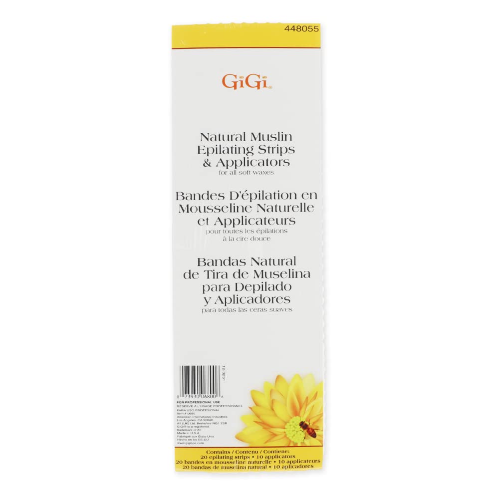 Gigi Waxing Strips Combo - Natural Muslin 20 Strips & 10 Wax Applicators For Hair Removal