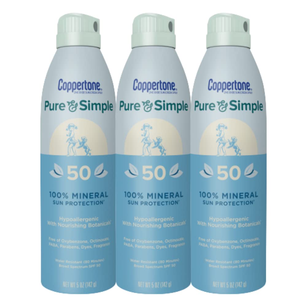 Coppertone Pure And Simple Spf 50 Spray Sunscreen, Zinc Oxide, 5Oz (Pack Of 3)