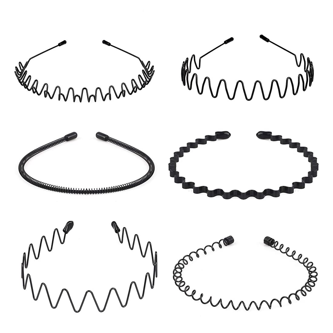 Nomakk 6 Pack Black Wavy Metal Headbands - Elastic Non-Slip Sports Hair Accessories