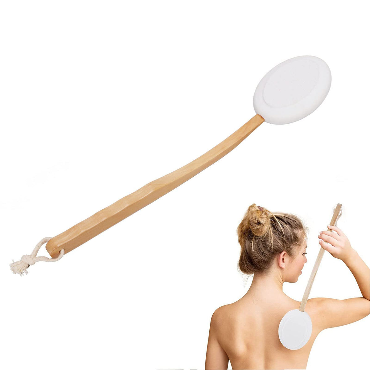 Filfeel Wooden Lotion Applicator For Back – Long Handle Shower Scrubber With Replacement Heads