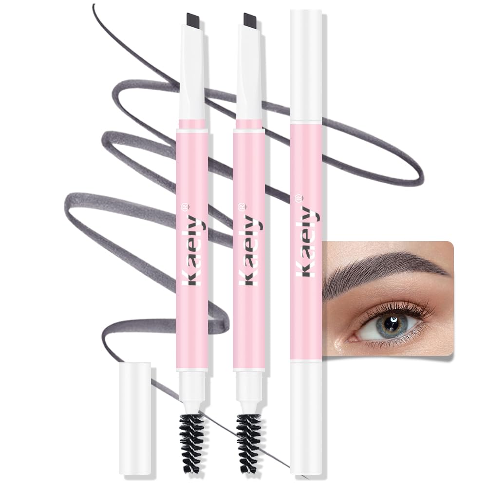 Kaely Waterproof Eyebrow Pencil 3Pcs - Longwearing Mechanical Pen With Spoolie Brush, Dark Gray