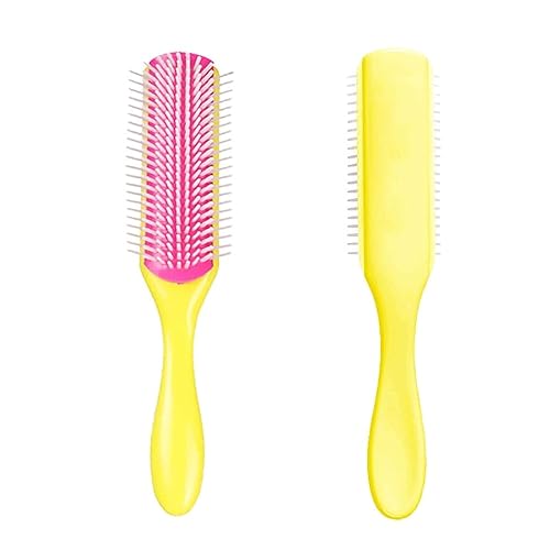 NuAngela Yellow 9 Rows Hair Brush - Easy Clean Detangling & Styling Tool for Curly Hair