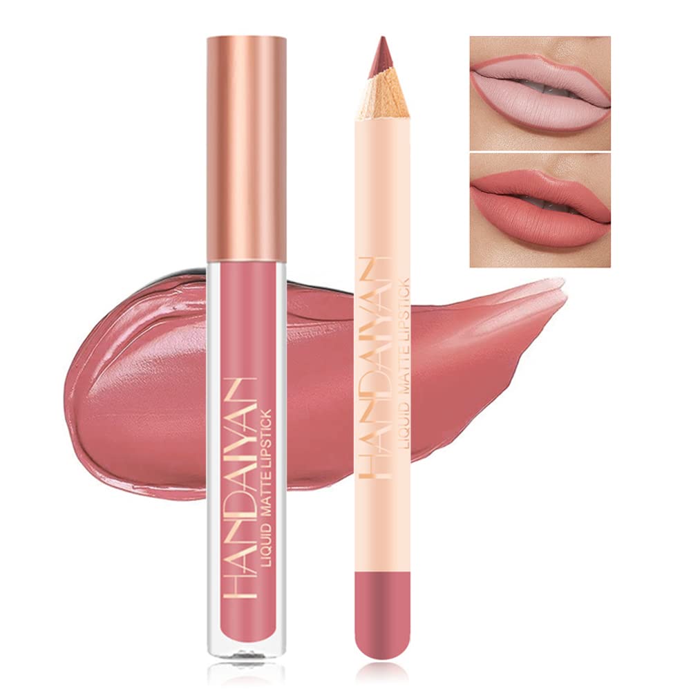 Charm Kiss Matte Lipstick & Lip Liner Set, Long-Lasting Waterproof Nude Makeup (03#)