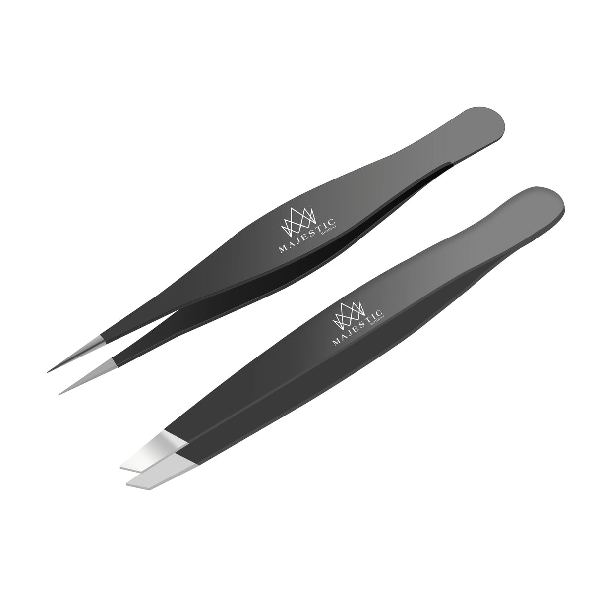 Majestic Bombay Fine Point & Slant Tweezers Set – Precision for Hair Removal, Black, 2 Piece