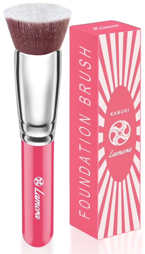 Lamora Kabuki Foundation Brush - Pink Synthetic Flat Top Brush For Liquid Makeup & Blending