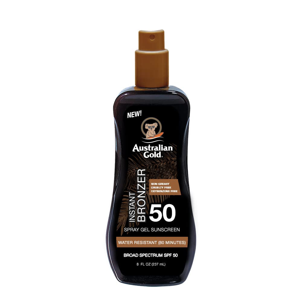 Australian Gold Spf 50 Spray Gel Sunscreen With Instant Bronzer, 8 Fl Oz, Water Resistant