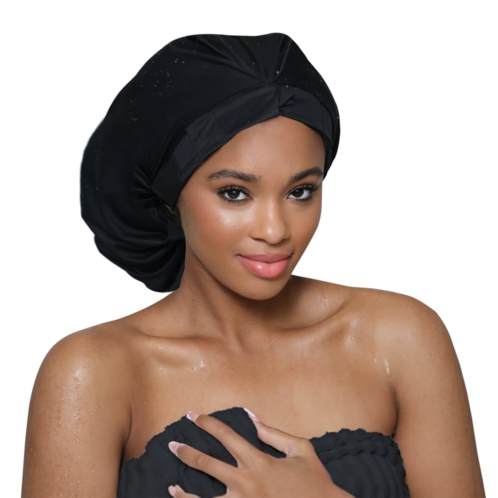 Hairbrella Satin-Lined Shower Cap For Women - Extra Large, 100% Waterproof, Black