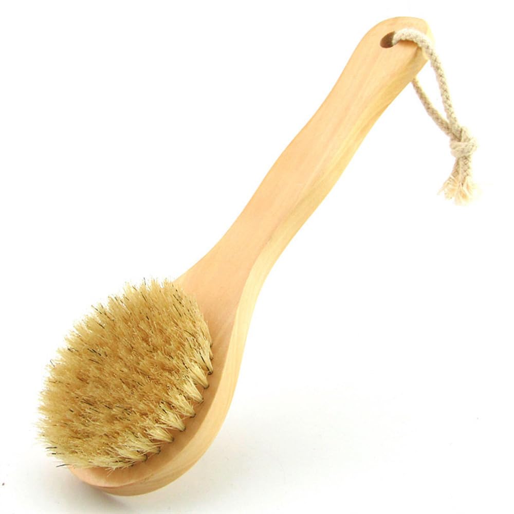 Hikin Wooden Dry Body Brush Back Scrubber - 9.84 Inch Natural Bristles Bath & Shower Brush