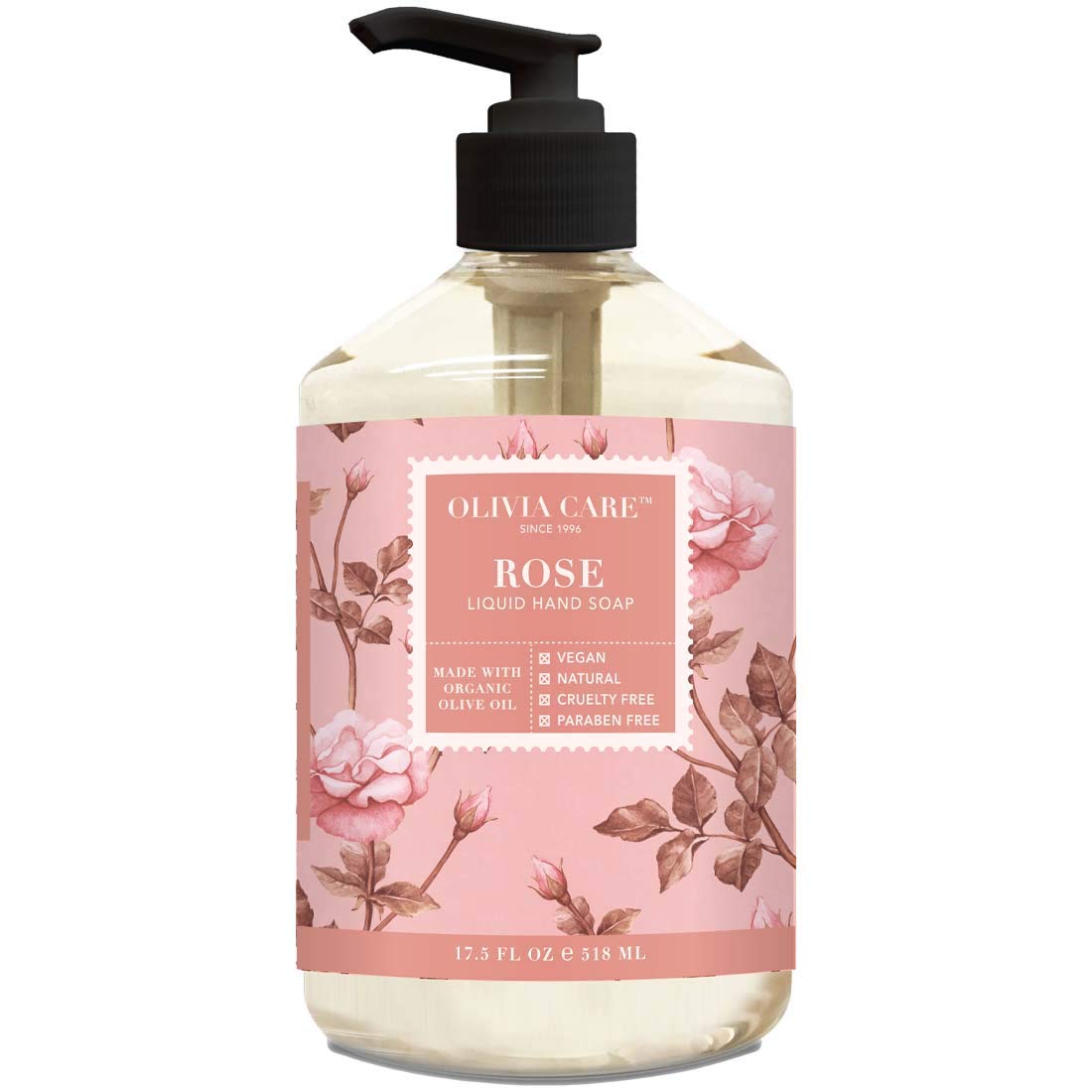 Olivia Care Liquid Hand Soap With Rose & Essential Oils - All Natural, 17.5 Fl Oz