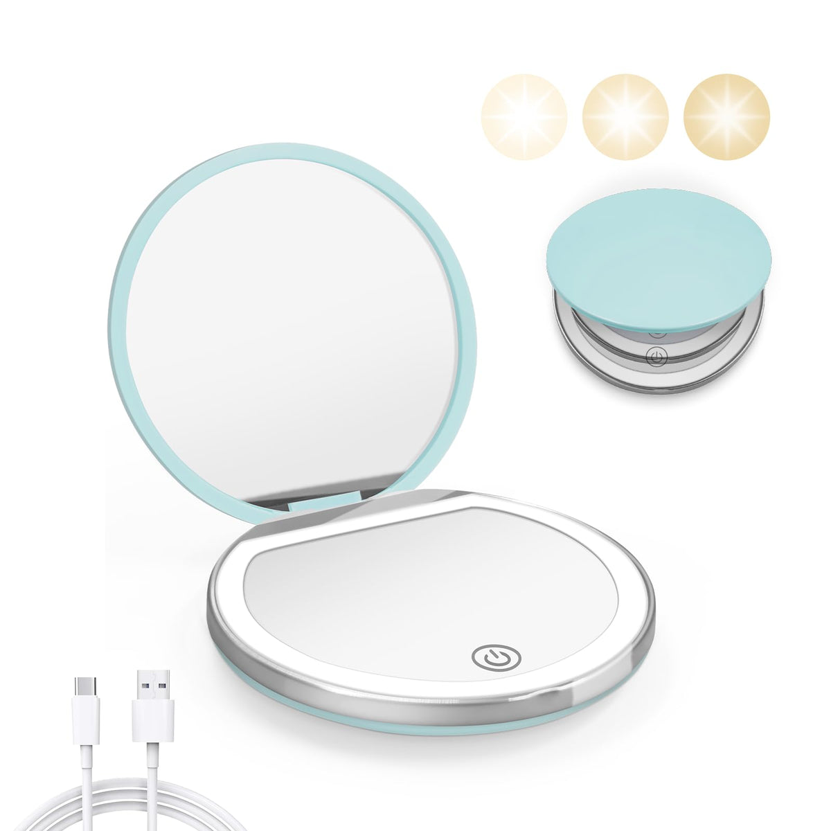 Kakuje Compact Led Mirror With Light, 1X/3X Magnification, Mint Green, Travel Pocket Size