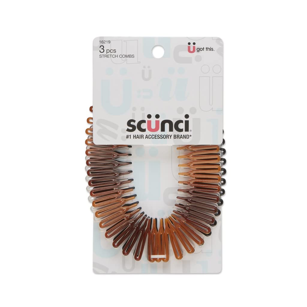 Scunci Hair Combs - 3-Count Tortoise, Opaque White & Black, Plastic Stretch Hair Accessories