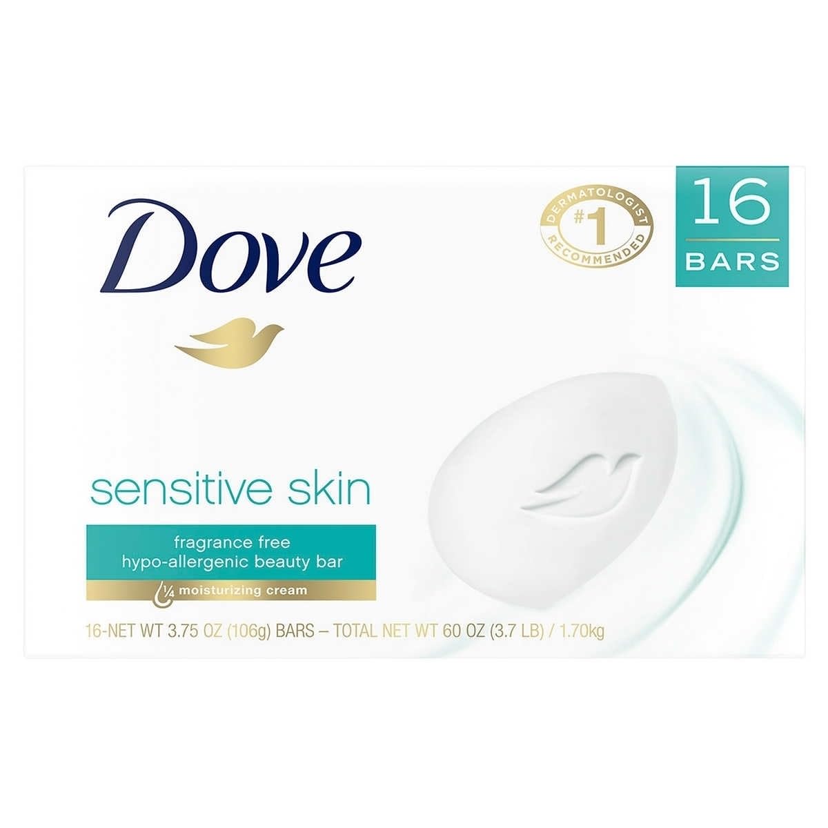 Dove Unscented Beauty Soap Bars For Sensitive Skin - Pack Of 16, 2.6 Oz Each