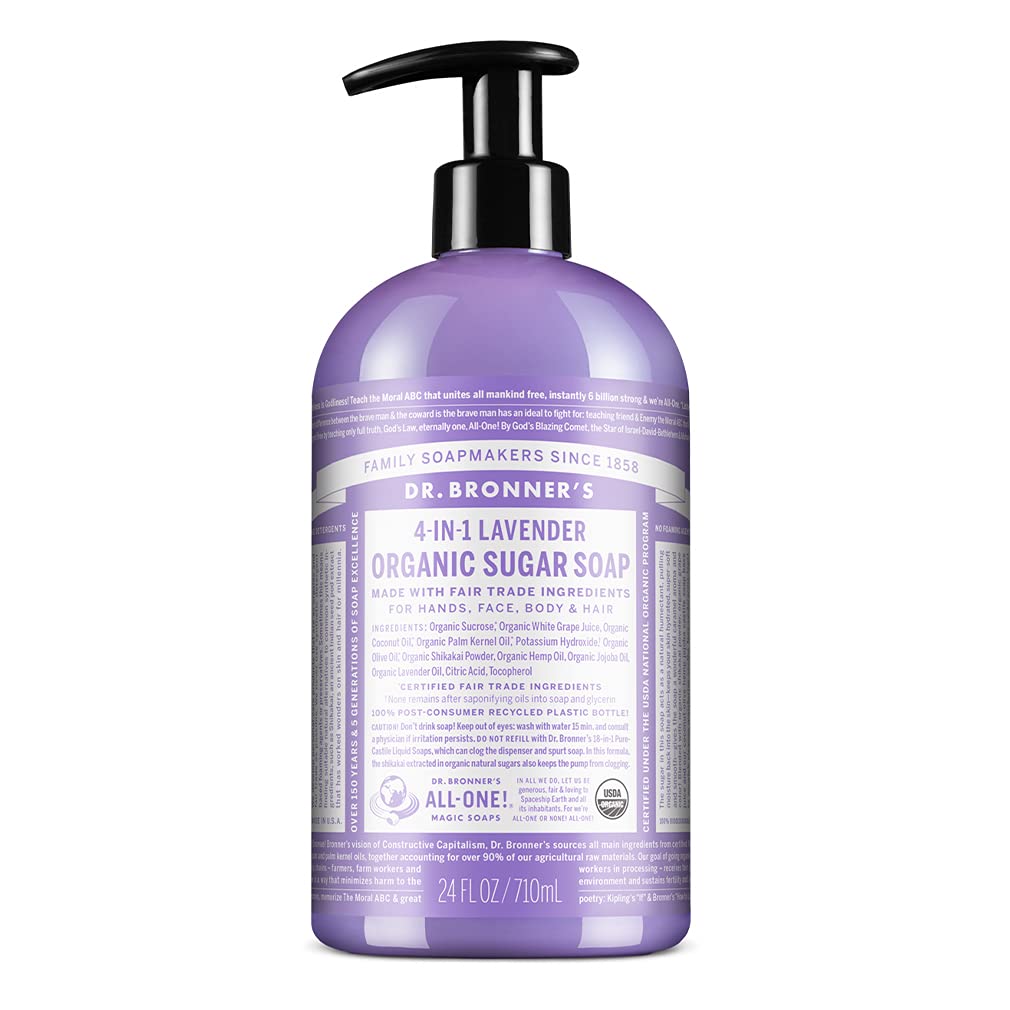 Dr. Bronner’S Organic Lavender Sugar Soap, 24 Oz - Vegan Multi-Use Liquid Soap For Hands, Body, Hair