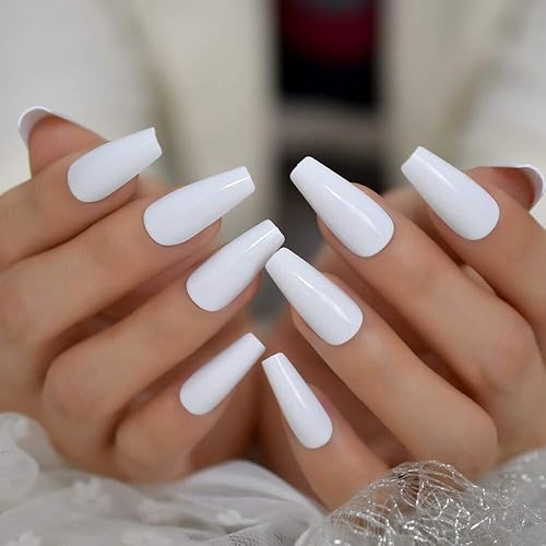 Coolnail 24pcs White Coffin False Nails - Acrylic Press On Ballerina with Glue Stickers