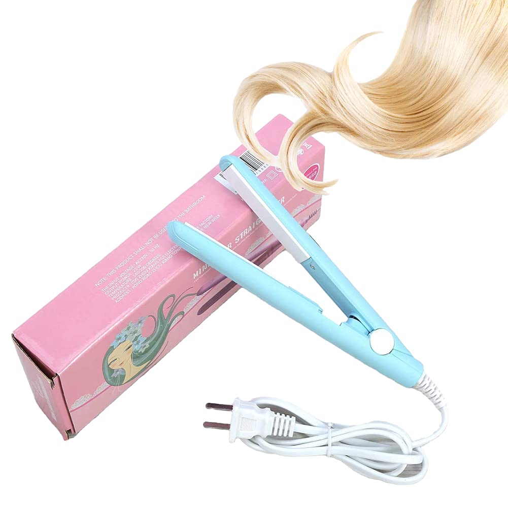 TMISHION Mini Hair Straightener 2 in 1 Ceramic Flat Iron & Curler for Short Wavy Hair - Sky Blue