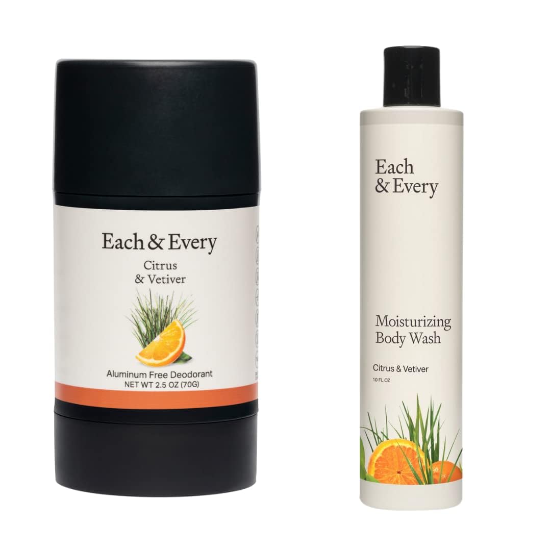 Each & Every Natural Deodorant & Shower Gel, Aluminum Free, Citrus & Vetiver, Travel Size, 2 Pack