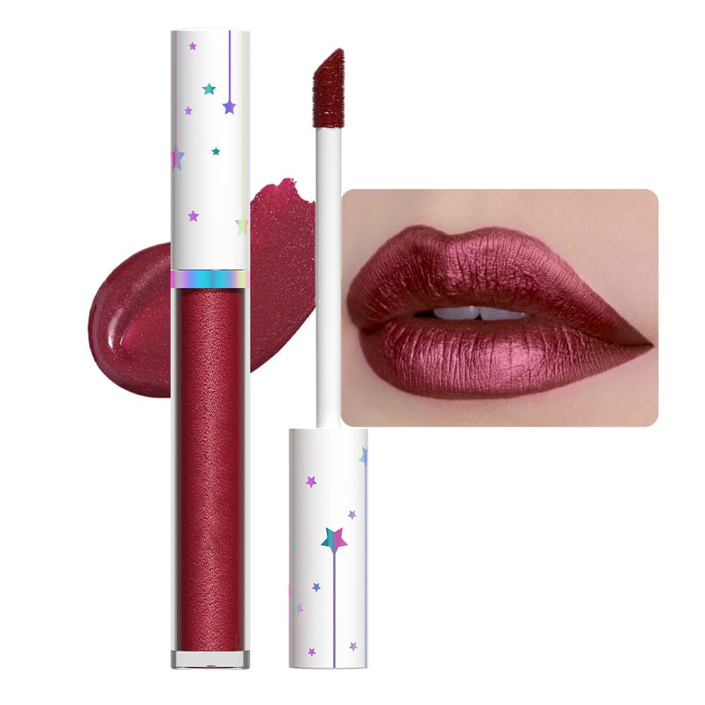 Evpct Dark Red Metallic Shimmer Glitter Lip Gloss - Long Lasting Waterproof Liquid Lipstick 10#