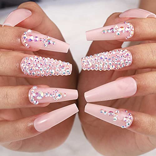 Outyua 3D Rhinestone Press-on Nails, Glitter Coffin Ballerina, 24pcs Shimmer Acrylic Full Cover