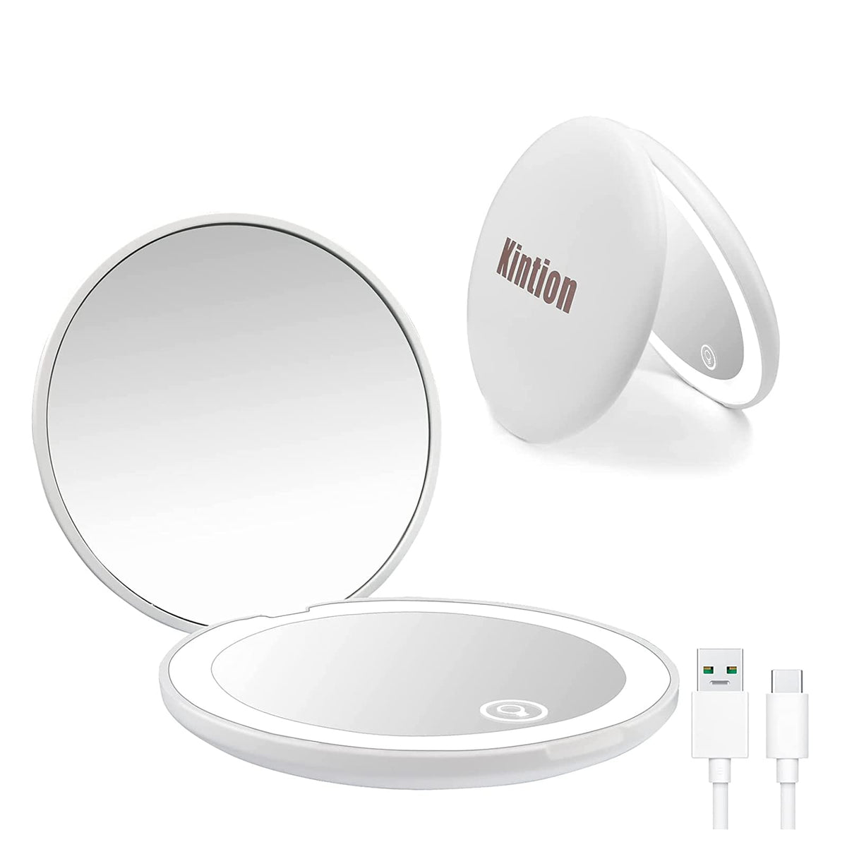 Kintion Compact Mirror With Light - 1X/10X Magnification, Rechargeable, Portable, White