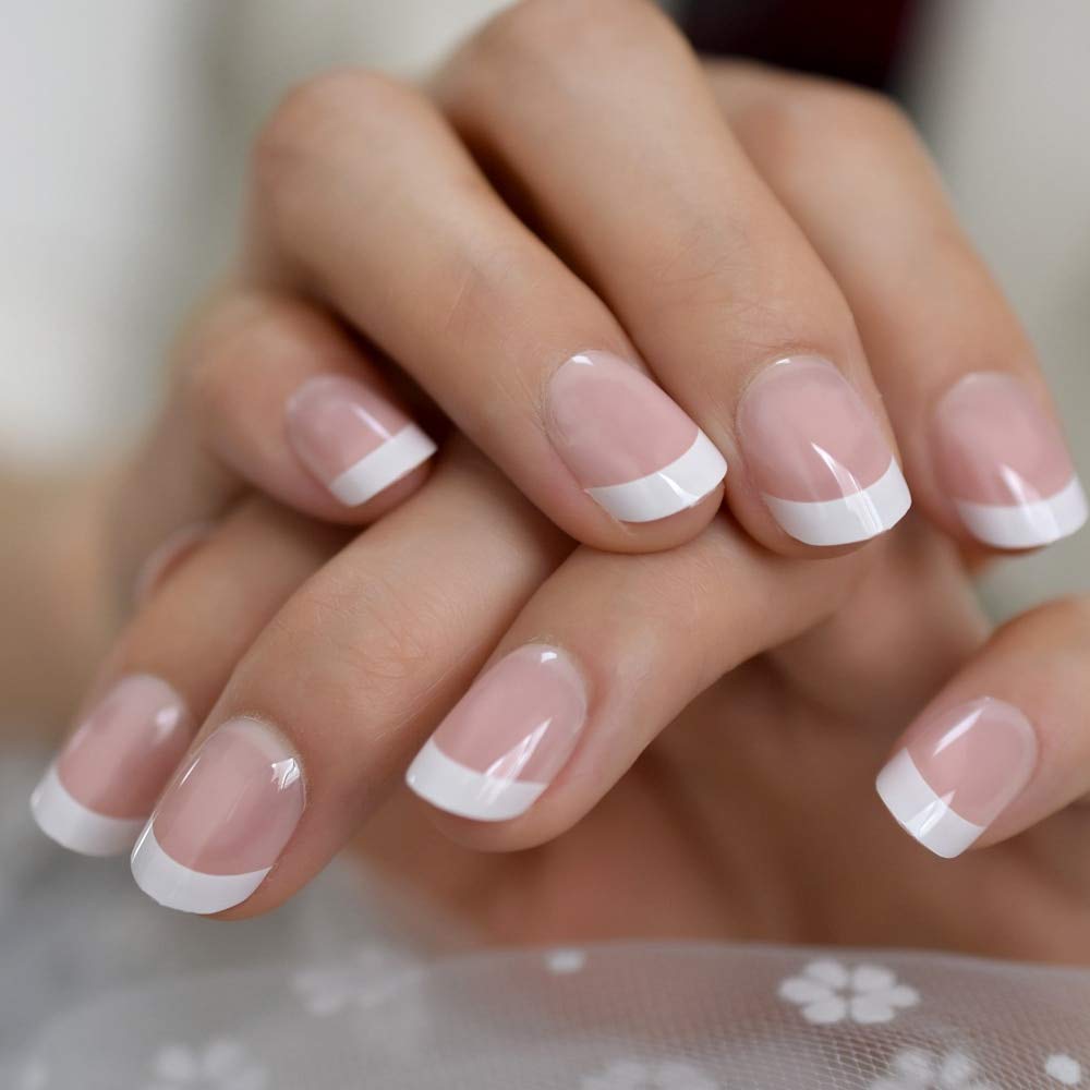 Coolnail Nude Pink White French Press-On Nails - Glossy UV Fake Nails for Summer Wear