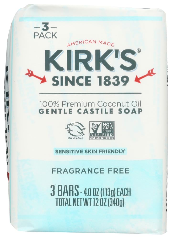 Kirk'S Frag Free Soap Bar 3-Pack, 1.33 Oz Each, Gentle Blue Cleanser For Sensitive Skin