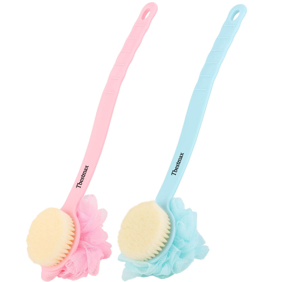 Tbestmax Loofah Back Scrubber With Long Handle & Soft Mesh Sponge For Exfoliating Bath - Blue & Pink