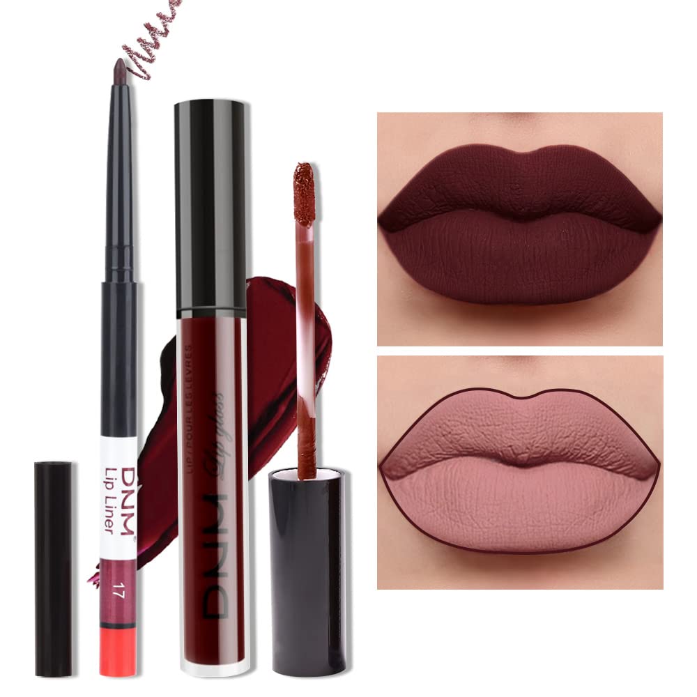 Haoya Matte Dark Red Lip Liner & Liquid Lipstick Set, 24H Waterproof, Long Lasting, 2 Count