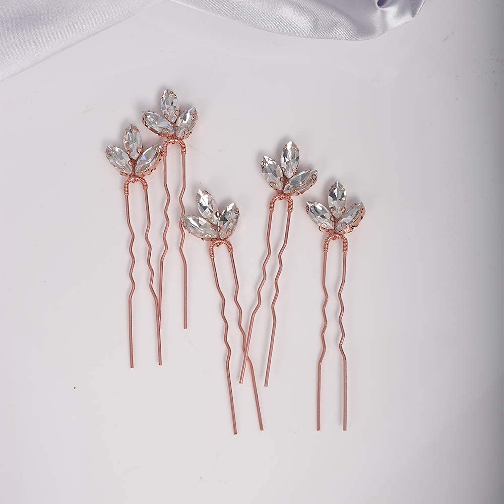 YERTTER Rose Gold Wedding Hair Pins Set of 5 Rhinestone Bridal Clips for Bride & Bridesmaids