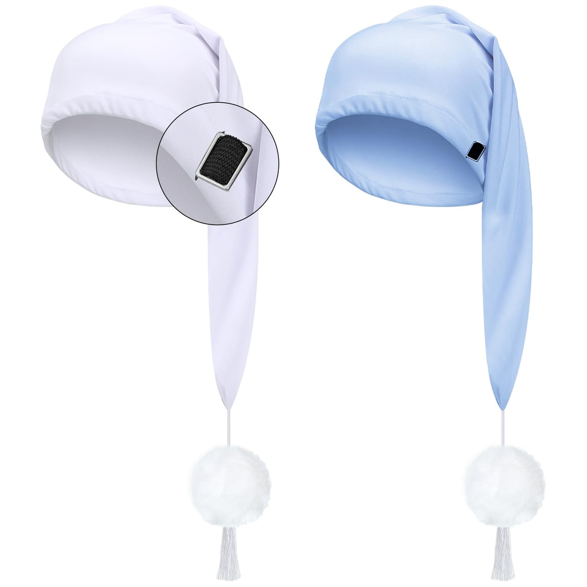 Geyoga 2 Pcs Men Silk Night Caps, Adjustable Drawstring With Pom Ball - White & Light Blue