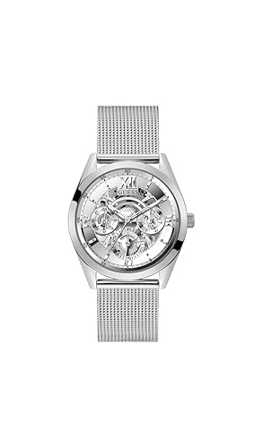 Guess Mens 42Mm Multifunction Silver-Tone Watch With Skeleton Dial & Mesh Bracelet