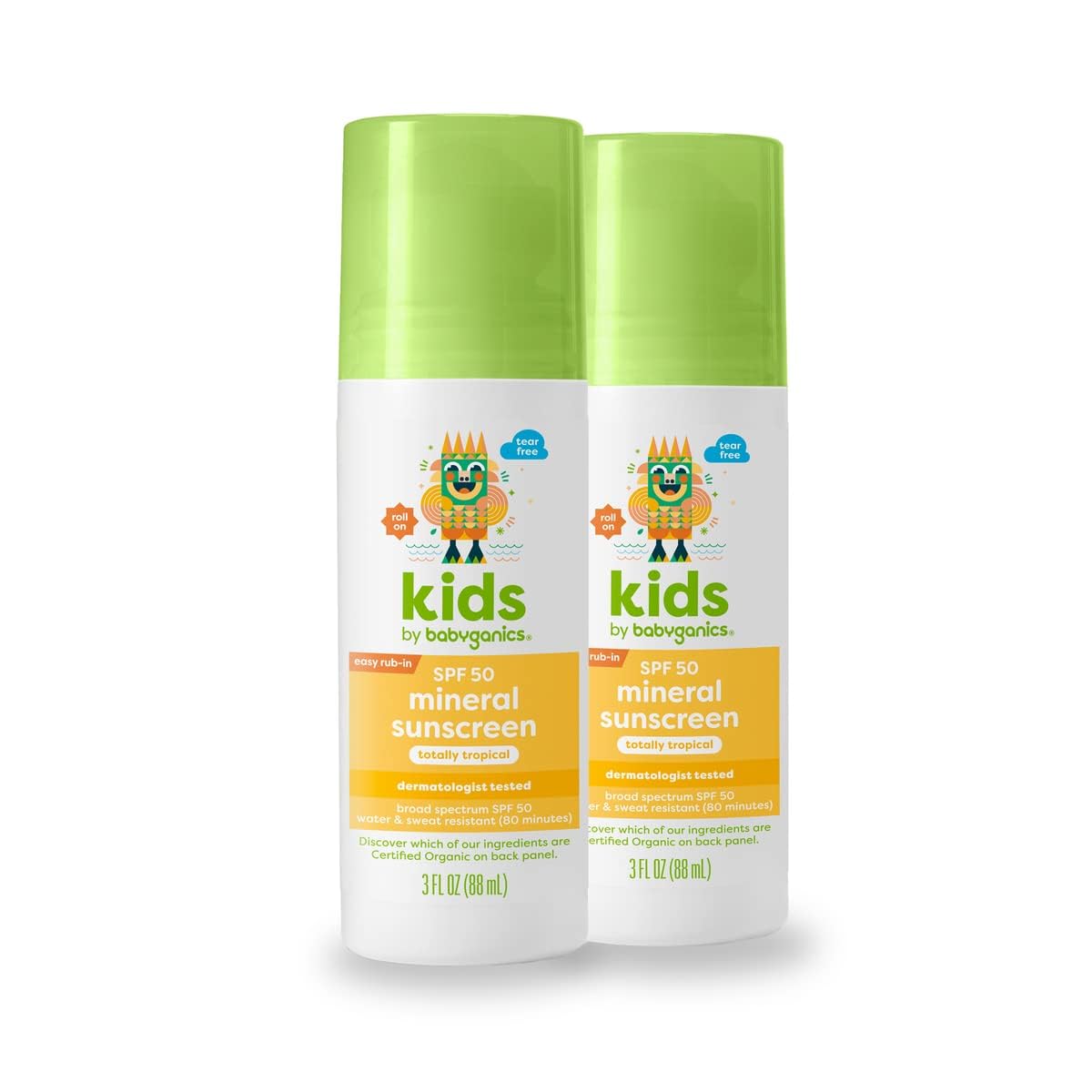 Babyganics Spf 50 Kids Mineral Sunscreen Roller Ball, Water Resistant, 2 Pack, Tropical