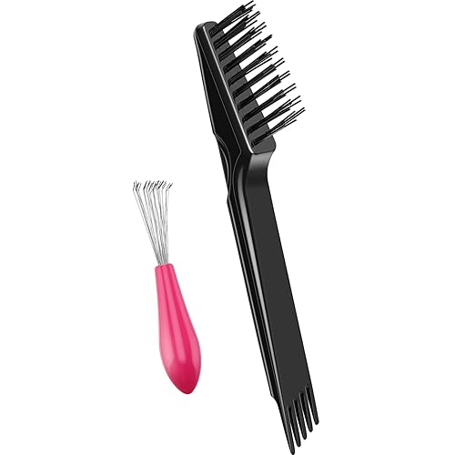 Boao Hair Brush Cleaning Tool Set - 2 Piece Mini Dirt Remover with Metal Rake (Pink & Black)