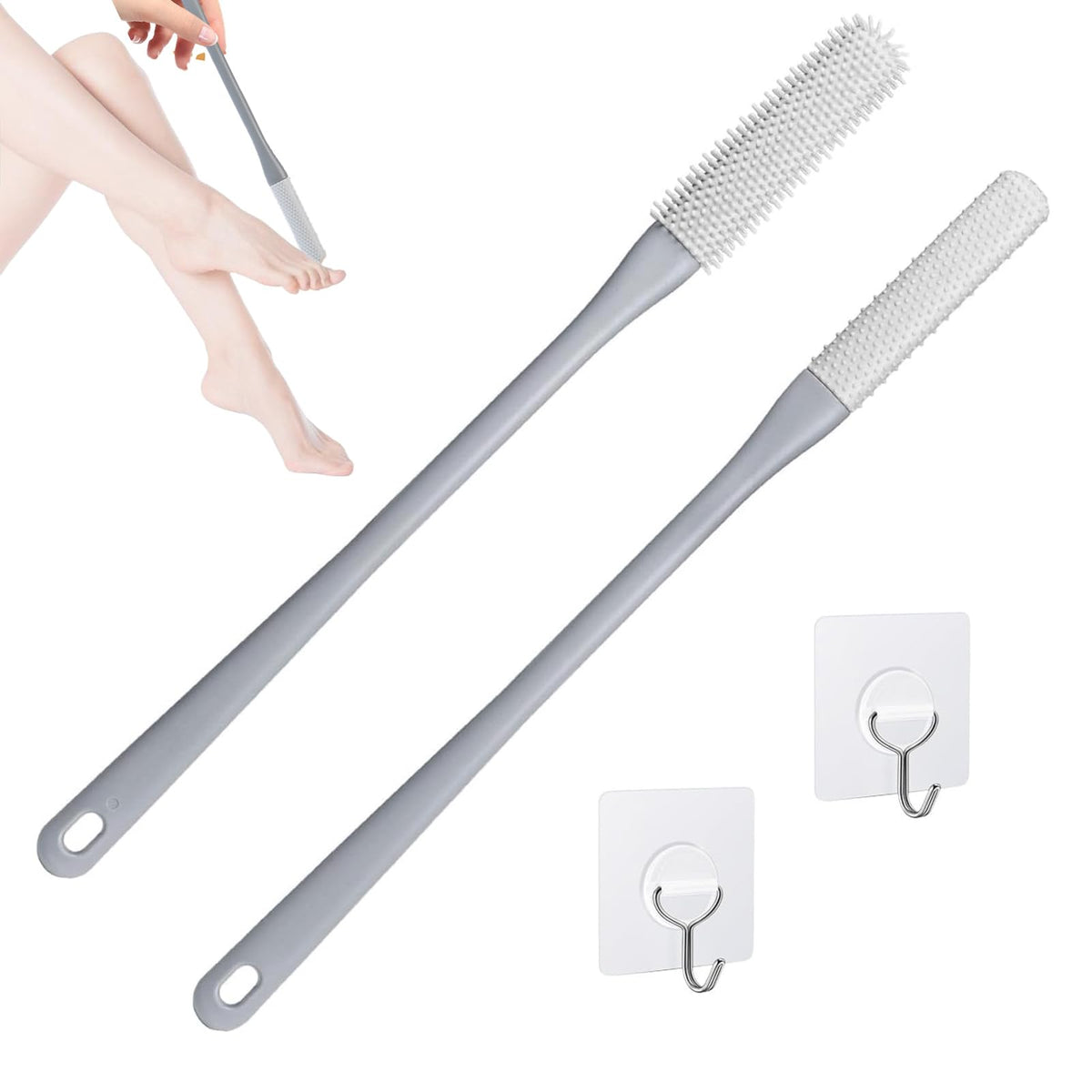 Fivaran 2 Pack Silicone Toe Cleaning Brush With Long Handle - Foot Scrubber For Seniors & Adults