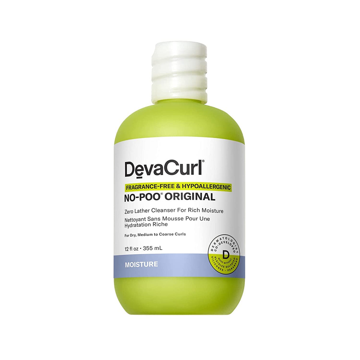 Devacurl No-Poo Original Zero Lather Cleanser, Fragrance-Free, 12 Fl Oz, Hypoallergenic Cream