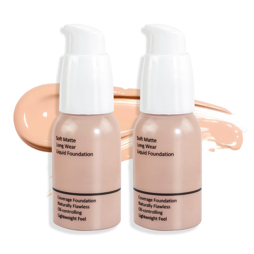 Feicuiyun 2Pcs Matte Liquid Foundation, Full Coverage, 24Hr Waterproof, Warm Peach 02+02