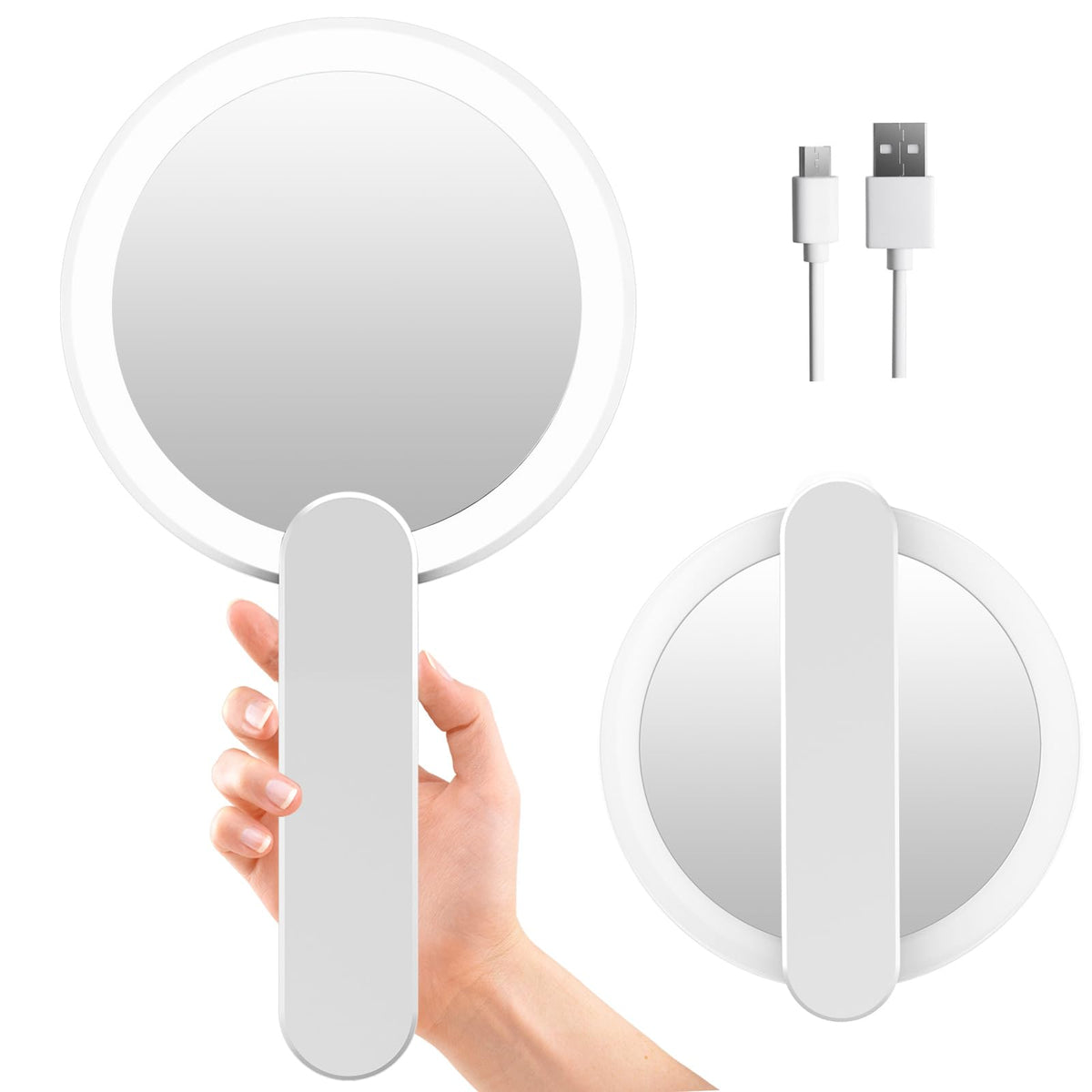 Fascinate Handheld Mirror With Lights - 1X/10X Double-Sided, Compact Travel & Usb Charging