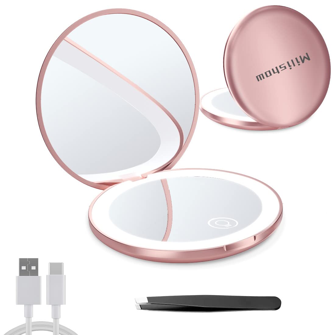 Milishow Led Compact Mirror, 1X/10X Magnifying, Rechargeable, Dimmable Rose Gold, 3.